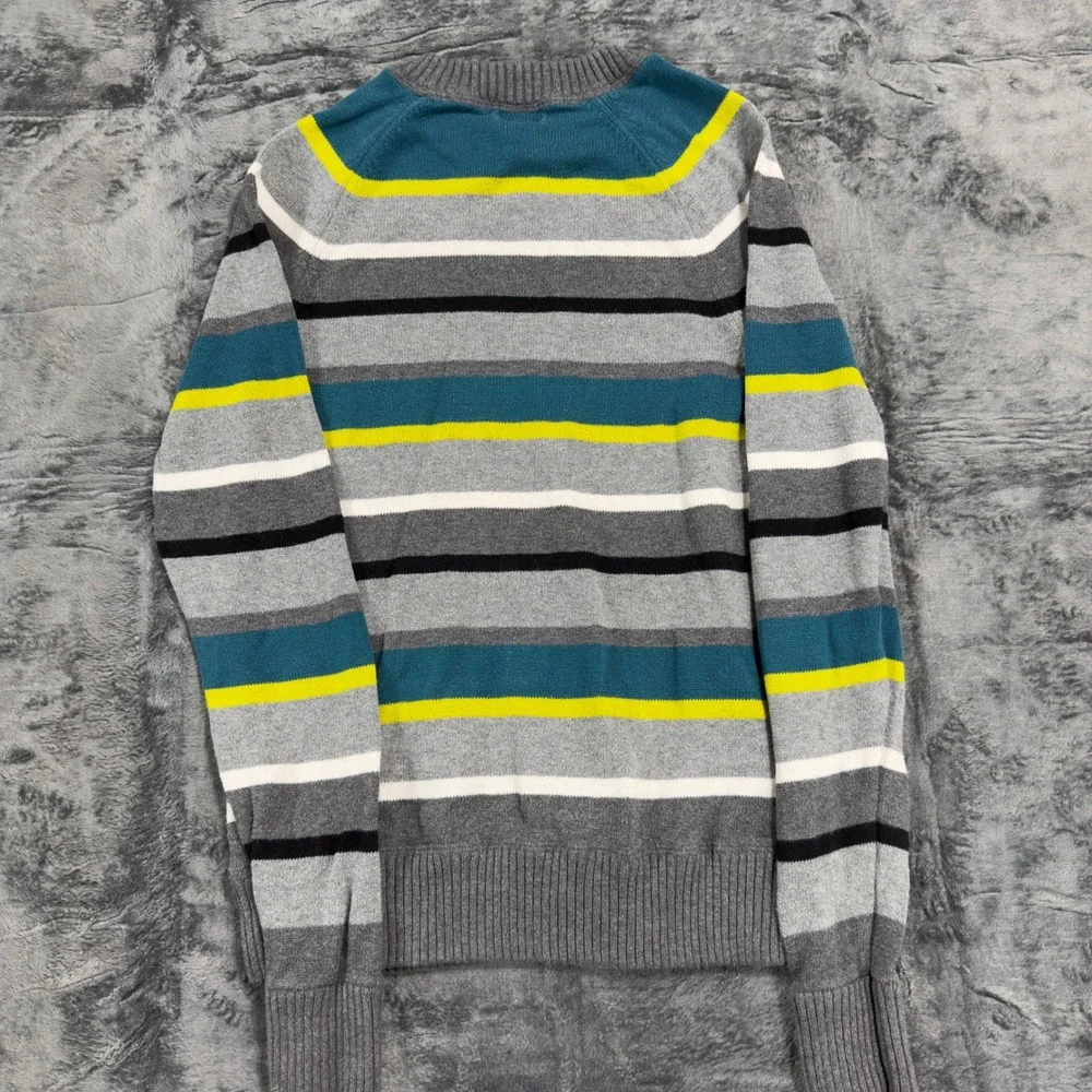 Mossimo Mens Small Striped Cotton‎ Crewneck Sweater Grey Teal Neon Yellow